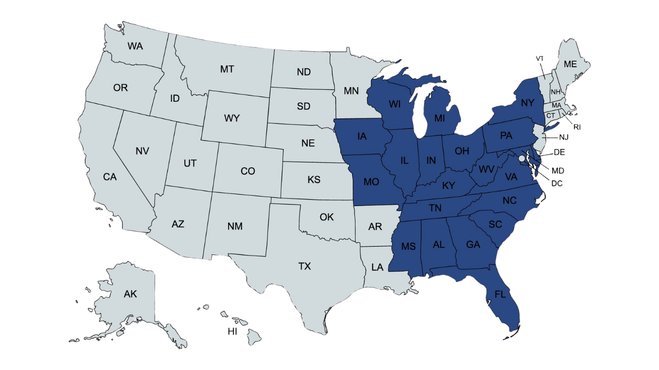 Korestone service area map covering 21 states