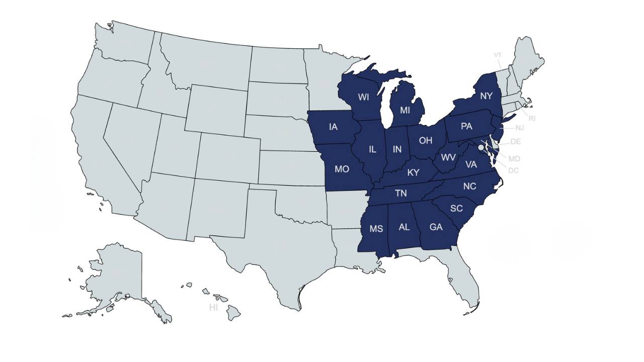Korestone service area map covering Ohio